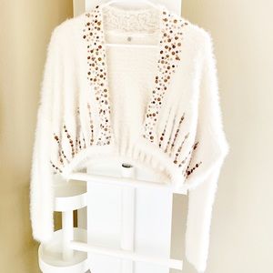 Anthropologie ivory gold sequins cropped sweater